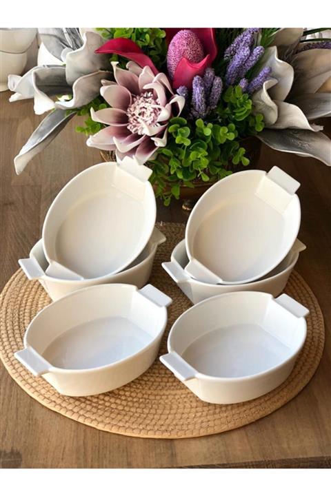 ROSSEV Beyaz Porselen Kulplu Oval Servis Seti 6'lı