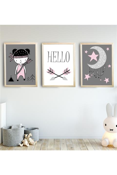 SUNNYFUNNYKIDS Bebek Çocuk Odası Tablo Kızılderili Kız 3'lü Naturel Renk Doğal Ahşap Çerçeveli Set 30x40 Cm