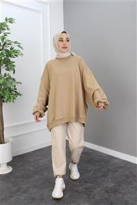 Esvet Kadın Kahverengi Tesettür Yarasa Kollu Yuvarlak Yaka Oversize Sweatshirt