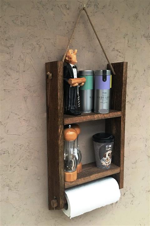 IMKER HOME Dekoratif Rustik Masif Rulo Kağıt Havluluk Baharatlık Halatlı Ahşap Mutfak Rafı Terek