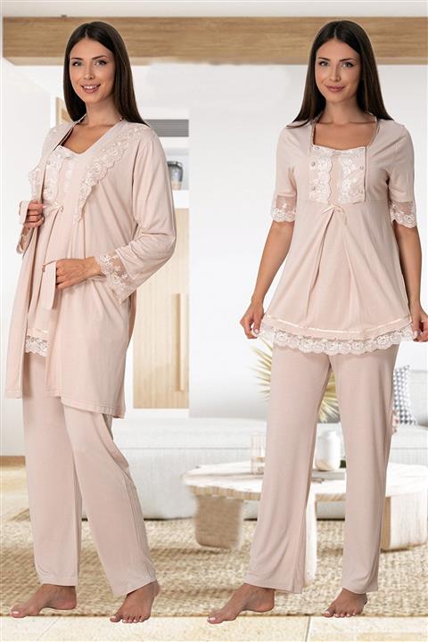 lohusahamile Sütlü Kahve Emzirme Özellikli Sabahlıklı Lohusa Pijama Takımı Effortt 6034