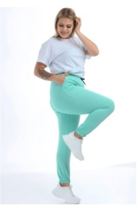 ESCBUTİK Kadın Büyük Beden Mint Yeşili Düz Lastik Paça Ince Yazlık Eşofman Altı