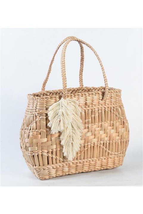 sisa.art Hasır Çanta Tasarım U Model Yaprak Aksesuarlı Tasarım Çanta