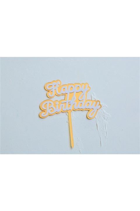 Pembe Kaktüs Altın Üzerine Beyaz Renkli Happy Birthday Yazılı Pasta Süsü