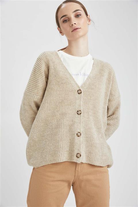 DeFacto V Yaka Düğmeli Oversize Fit Triko Hırka