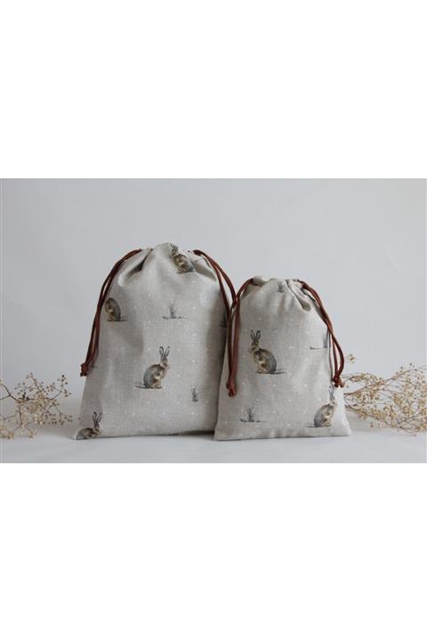 Çilek Kızın Dükkanı 1 Adet Büyük Boy Kumaş Düzenleyici Kese (34X28CM) Tavşan Desenli Bez Kese