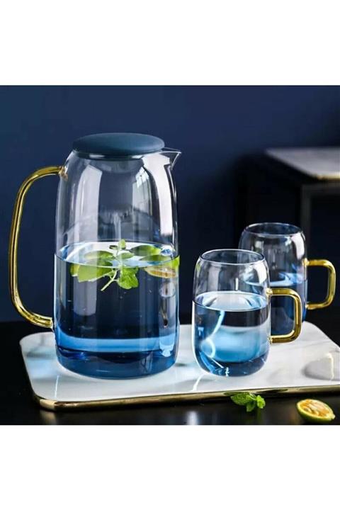 Tasarım Evi Blue Life 1500 Ml Borosilikat Sürahi Ve 2 Adet Blue Life Cam Kupa Bardak