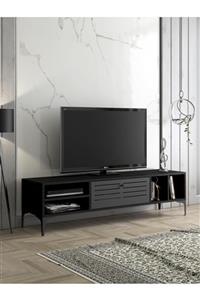 Wood'n Love Era Premium Altıgen Desen Metal Ayaklı Metal Kapaklı Dolaplı Tv Ünitesi - Wood Siyah / S