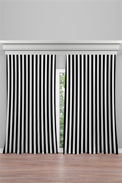 Ysahome Dikey Siyah Beyaz Çizgili Desenli Dekoratif (ÇİFT KANAT 280X260) Fon Perde