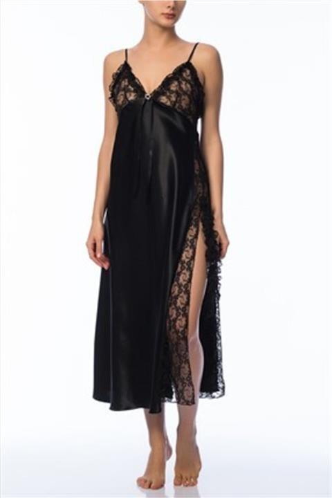 NBB Kadın Siyah Dantelli Saten Uzun Gecelik 3704