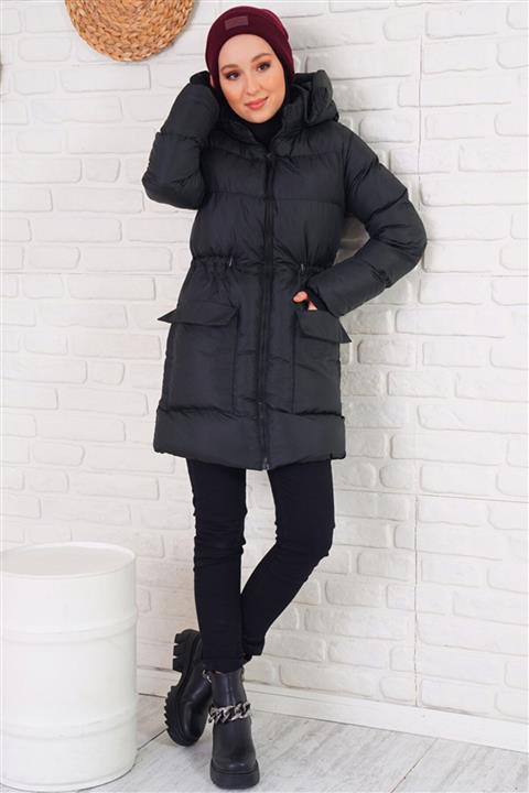 modayseli Bel Büzgülü Siyah Şişme Mont