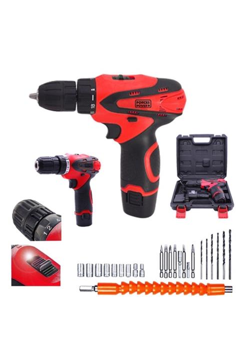 forces power Alman 28 V Sjs Çift Metal Şanzuman Çift Akülü Şarjlı Vidalama Matkap + 27 Parça Set