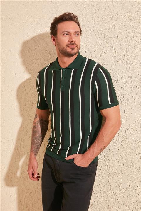 TRENDYOL MAN Yeşil Erkek Polo Yaka Çizgili Triko Polo Yaka T-Shirt TMNSS20PO0085