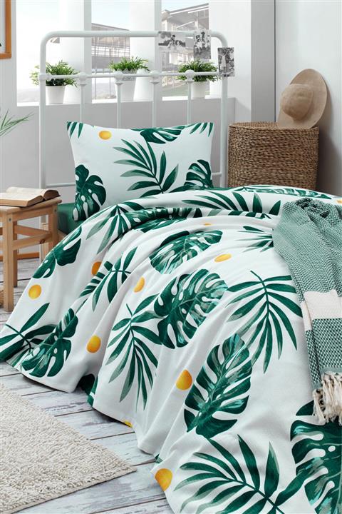 Ev & Ev Home Tek Kişilik Baskılı Pike Takımı Monstera Yeşil