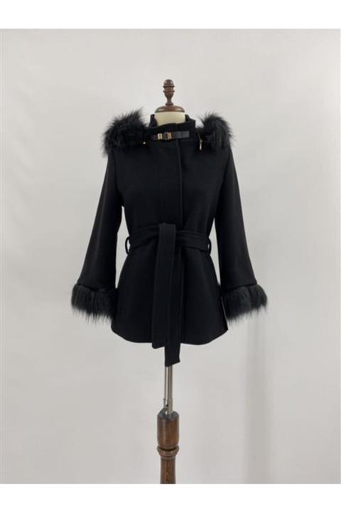 Lalezar Kadın Siyah Suni Kürklü Kısa Kaban