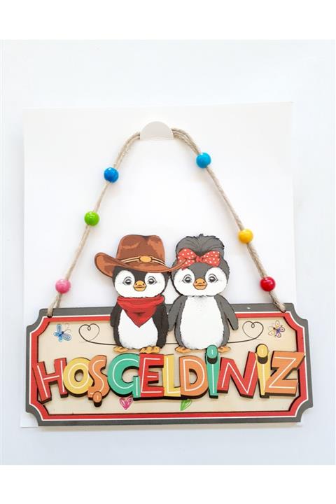 Akın Aksesuar Penguen Figürlü Hoşgeldiniz Yazılı Ahşap Kapı Süsü