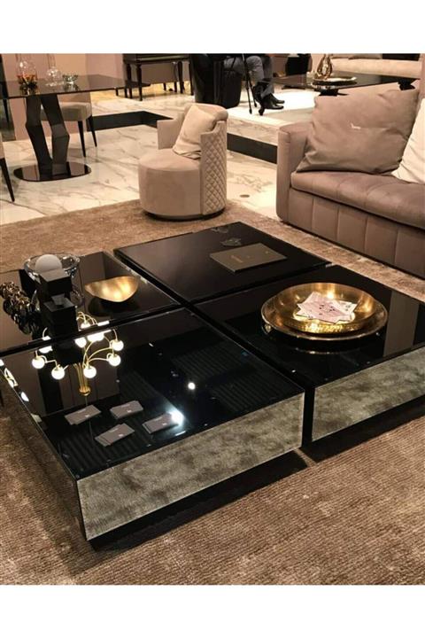 Gençtürk Luxury Sehpa Füme Aynalı 4 Parça 150x150 Ölçülerinde Yükseklik 40 Cm