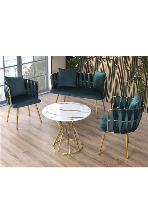 Emma Concept Çay Seti Oturma Takımı + Masa Metal Gold Petrol Mavisi Babyface Kumaş ( Ofis, Cafe, Bahçe, Bekleme )