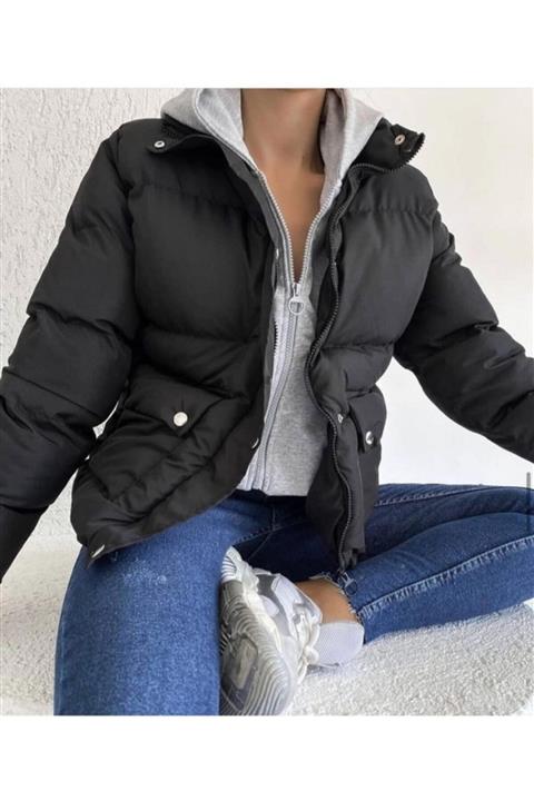 tugg style Kadın Siyah Kapüşonlu Garnili Şişme Mont