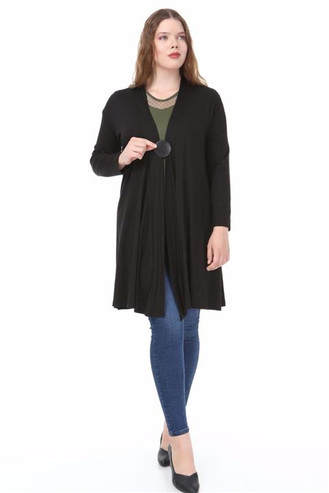 Mihra Stil Kadın Siyah Broş Detaylı Uzun Hırka