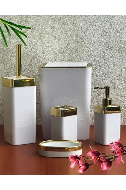 İmera Beyaz Altın 5 Parça Akrilik Kare Banyo Seti