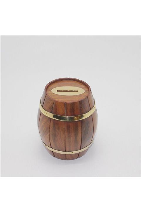 ASVASHOP Ağaç Fıçı Kumbara Masa Dekor Üzeri Gerçek Pirinç 12 Cm Hediyelik