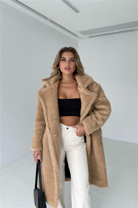 Eka Kadın Bej Cepli Çift Düğmeli Uzun Peluş Teddy Kaban 0993-2121