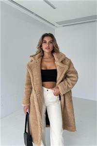 Eka Kadın Bej Cepli Çift Düğmeli Uzun Peluş Teddy Kaban 0993-2121