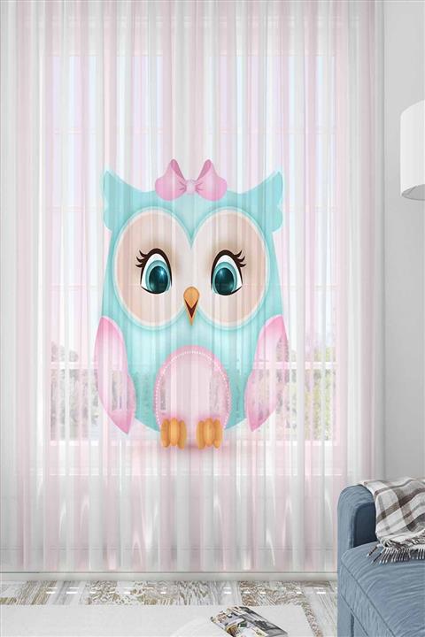 Osso Halı Osso Pembe Mavi Sevimli Baykuş Desenli Dekoratif Çocuk Bebek Tül Fon Perde