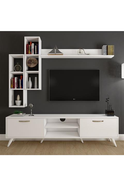 Rani Mobilya A9 Duvar Raflı Kitaplıklı Tv Ünitesi Duvara Monte Dolaplı Modern Ayaklı Tv Sehpası Beyaz M16