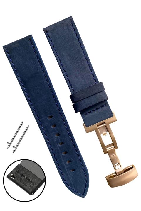Fossil Saat Uyumlu 20mm Lacivert Renk Rosegold Renk Klipsli Hakiki Crazy Deri Saat Kordonu