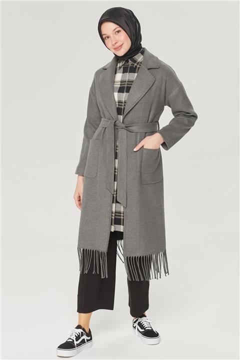 Armine Kadın Gri Etek Ucu Püsküllü Kaşe Manto