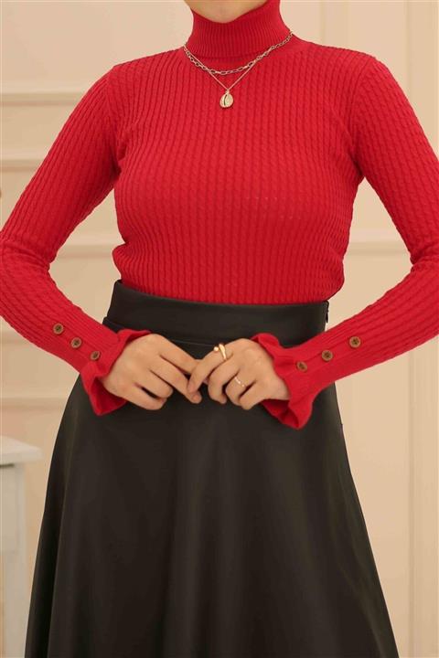 İmajButik Kol Fırfır Detaylı Tam Boğaz Triko Kazak/kırmızı