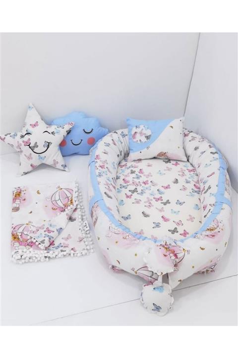 mordesign Babynest Bebek Yatak Yastık Pike Battaniye Set Balon Kelebek Motif