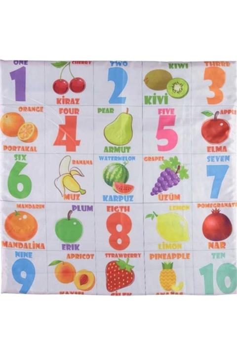LaLaLandİZ Unisex Bebek Meyve Ve Sayılar Ingilizce Türkçe Mavi Tabanlı Oyun Halısı Minderi Matı