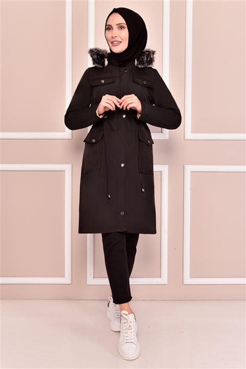 ModaMerve Kapüşonlu Kaban Siyah Kadın