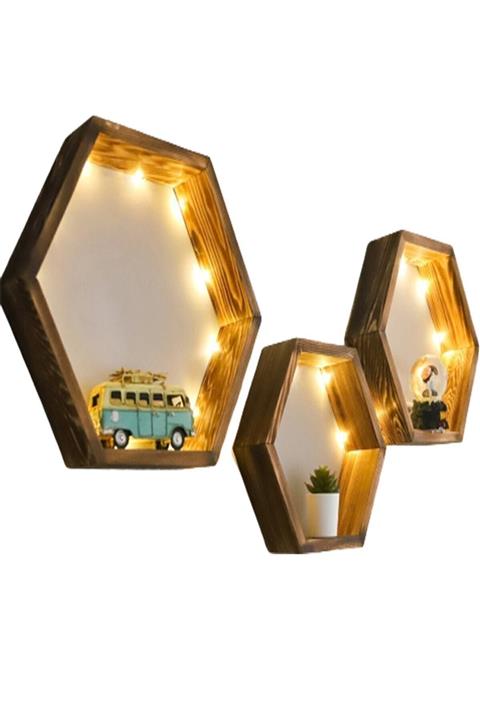 DEHAMODA Dekoratif Altıgen 3'lü Set Ahşap Duvar Petek Raf Pilli Led Işıklı