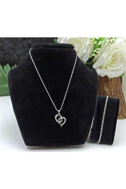 ASGIFT COMPANY 100 Dilde Seni Seviyorum Gümüş Kaplama Kalp Kolye & Gümüş Kaplama Su Yolu Bileklik