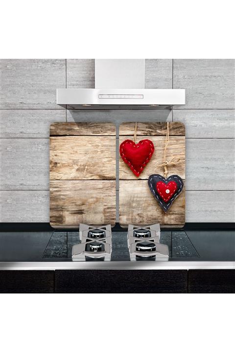Saban Cam Ocak Koruyucu Ve Kesim Tablası Asılı Kalpler (80cm X 52cm) 2 Parça, 5'li Ocaklar