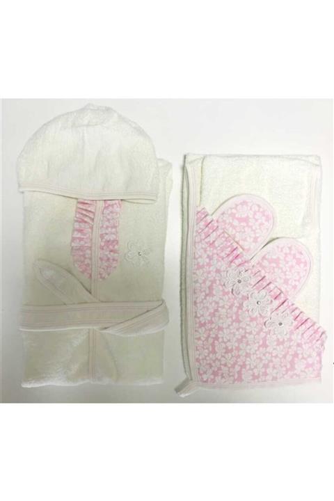 Bebelinna Çiçekli Taşlı Fırfırlı Bornoz Set