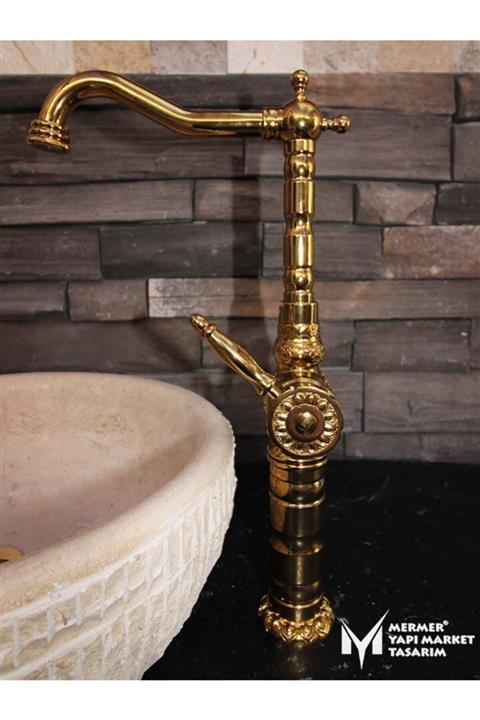 MYM Mermer Yapı Market Tasarım Altın Işlemeli Çanak Lavabo Bataryası