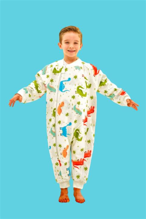 Happystore Elyafsız Kışlık Uzun Kol Çift Kat Organik Pazen %100 Pamuk Dinozorlu Cocuk Bebek Uyku Tulumu