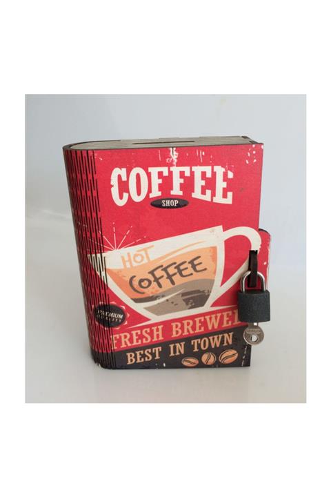 PRATİK DEKOR Kitap Kumbara Kilitli Ahşap Kutu Red Coffee
