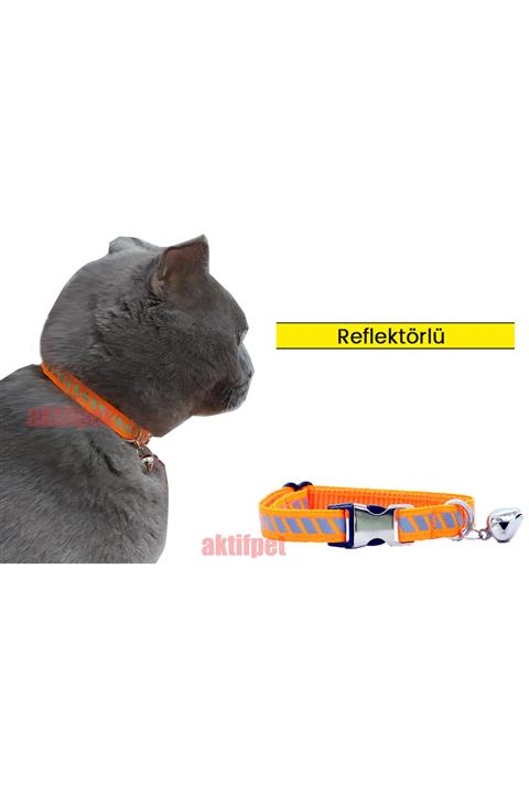 petviya Reflektörlü Ayarlanabilir Zilli Kedi Boyun Tasması Turuncu