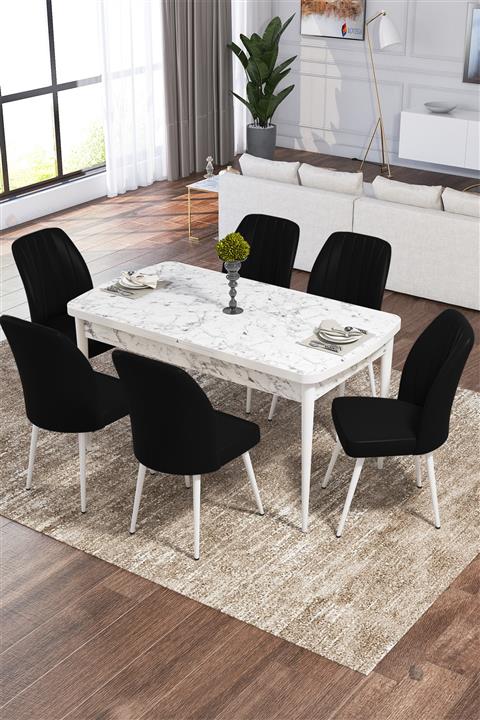 Canisa Concept Mun Serisi Mdf Beyaz Mermer Desenli Mutfak Masası Takımı + Siyah Sandalyeli 6 Adet