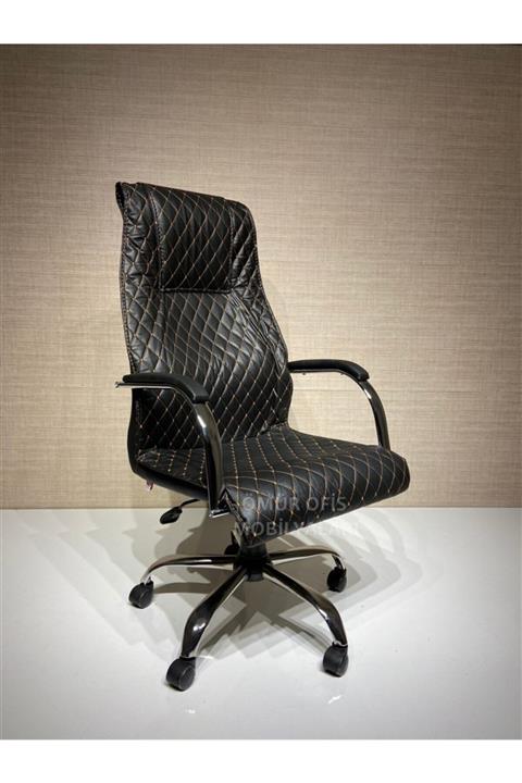Ömür Ofis Elite Krom Yönetici / Makam / Müdür Koltuğu Nakışlı Deri Siyah