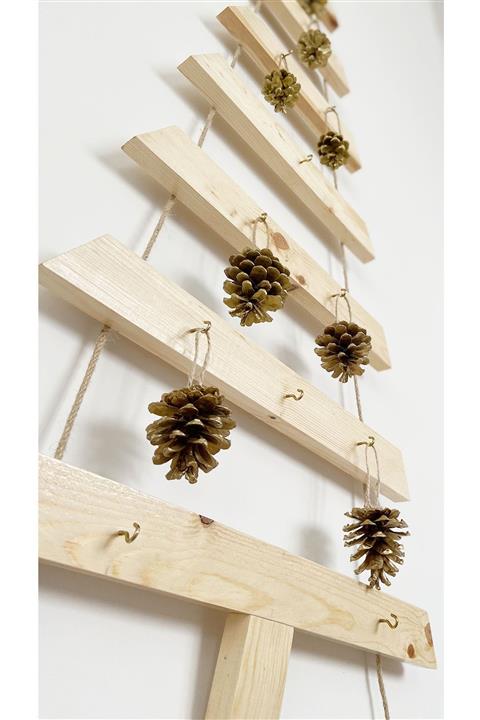 hobee Vernikli Süper Lüks Yılbaşı Ahşap Çam Ağacı Altın Kozalaklı Halatlı Yeni Yıl Noel Ağacı