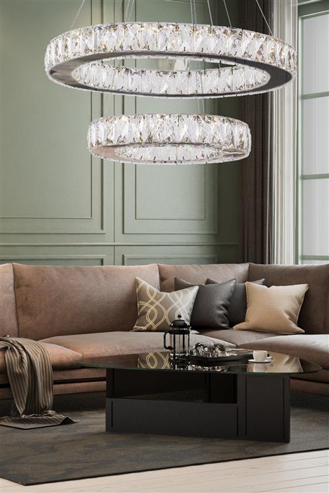 Begüsa Pırıltı 2 Katlı Krom Yuvarlak Taşlı Avize