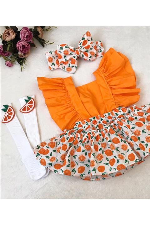 ŞAPKAKİDS Kız Bebek Turuncu Portakal Desen Salopet Çorap Bandana 3'lü Set