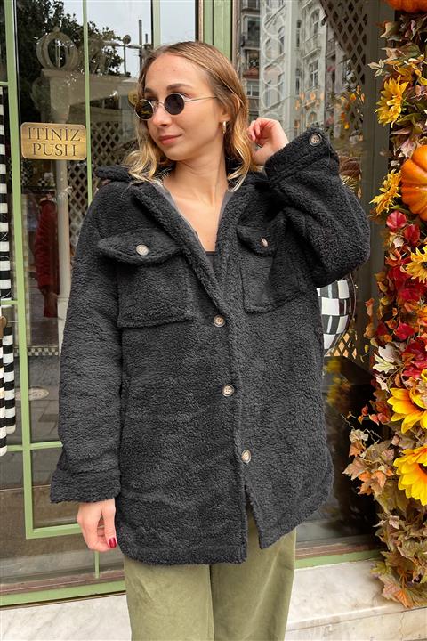 SHELOVEIT Siyah Astarlı Iki Cepli Düğmeli Teddy Ceket